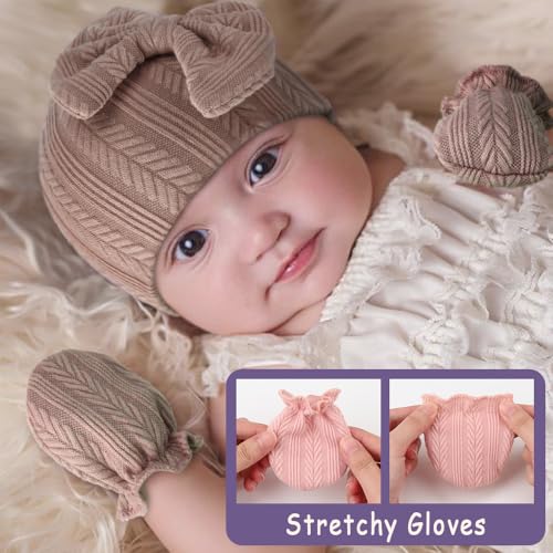 Image of BQUBO Newborn Baby Hats Bear Ears and Mittens Sets Preemie Caps Baby Boy Girl Infant Hospital Beanie for 0-3 Months