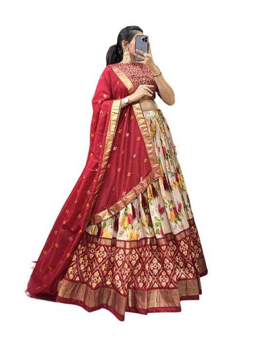Women's print chaniya choli showcases intricate ajrakh print Foil Work Patola Print Semi-stitched Lehenga choli Set-picture-14