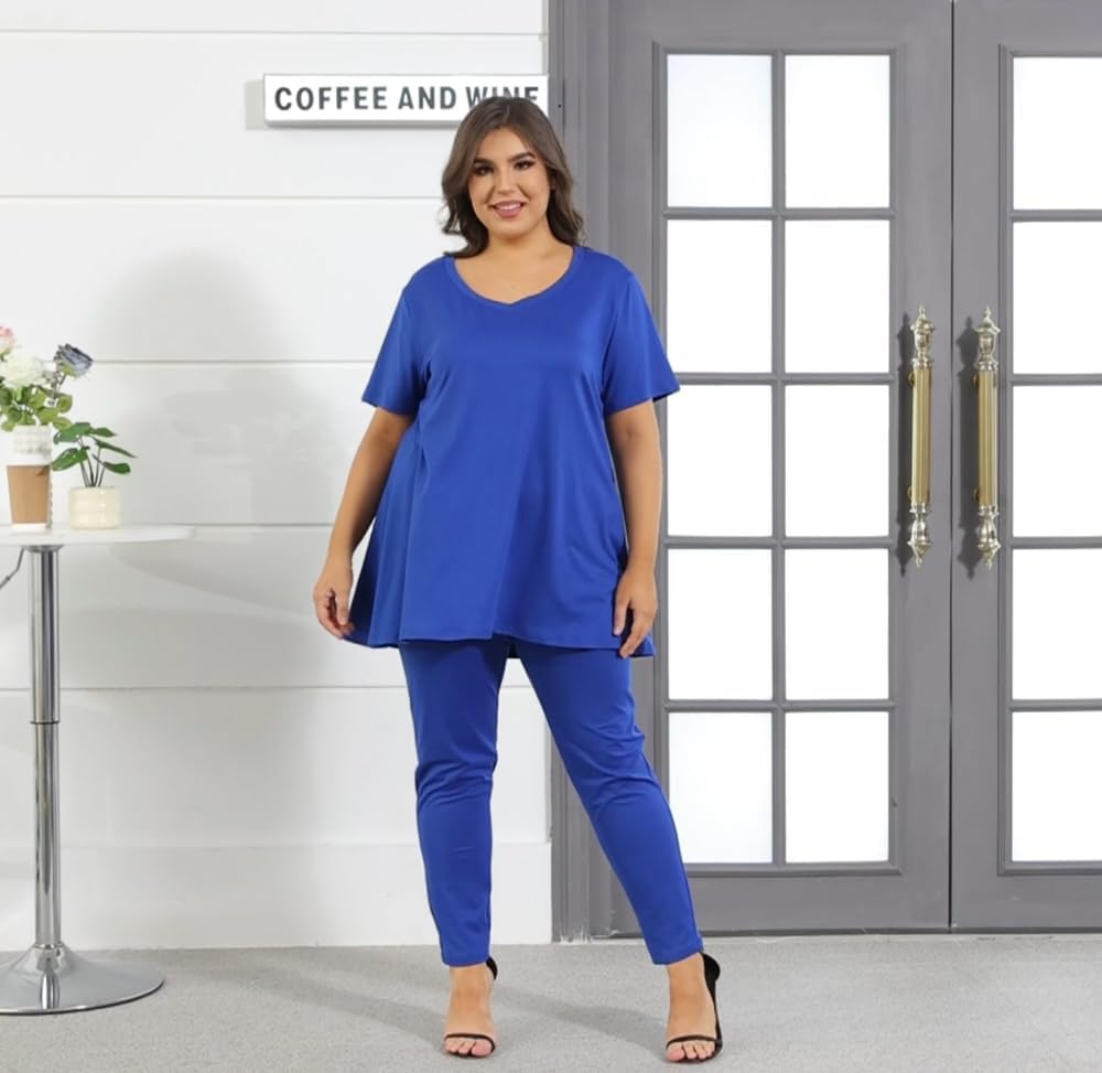 Women Plus Size 2 Piece Outfits Short Sleeve Top and Legging Sets Jogging Tracksuit with Pockets - Image 2