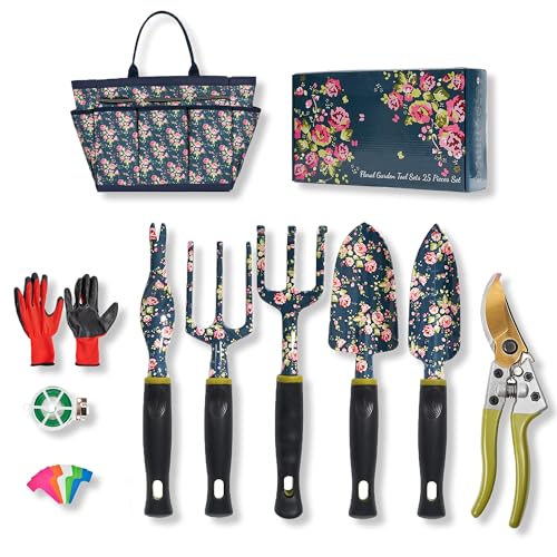Ebbniur Garden Tool Set, 25Pcs Heavy Duty Floral Garden Tools, Aluminum Rust-Proof Gardening Kit with Garden Shovel, Trowel, Pruner, Gloves, Ideal Gardening Gift