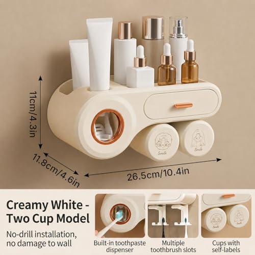 Image of HASTHIP Tooth Brush Holder Bathroom with Toothpaste Dispenser, Wall Mounted Storage Shelf with Drawer & 2 Cups, Adhesive Installation, PP Cosmetic Holder, Toothbrush Holder