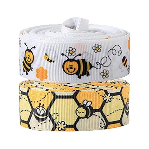 20 Yards Bumble Bee Ribbon Honeybee Flower Grosgrain Craft Ribbon for Spring Summer Decoration DIY Crafting Wrapping Floral Hanging Ornaments,2 Rolls 1 Inch Cover