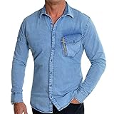 100% algodón D&R Fashion Camisa Vaquera Celeste para Hombre Bolsillo en el Pecho con Cremallera de Color Dorado Slim Fit XL