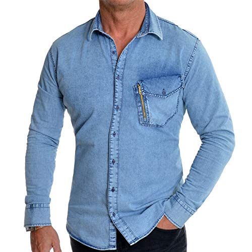 D&R Fashion Hellblaues Jeanshemd für Herren Gold Farbe Reißverschluss Brusttasche Slim Fit M Cover