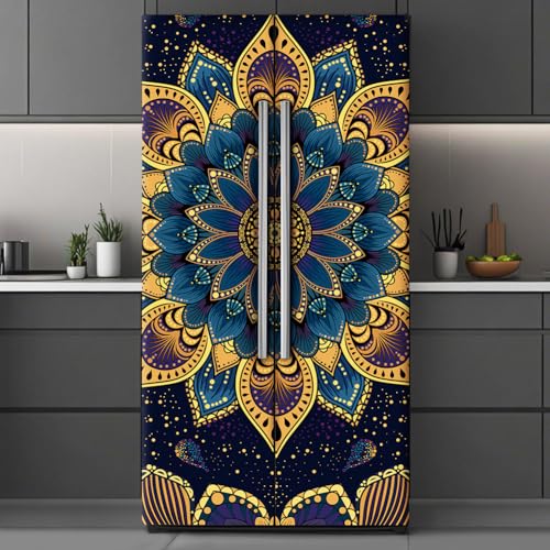 GOMAKERER 2 unidades de envoltorios extraíbles para refrigerador con patrón de mandela morada, autoadhesivos, murales de vinilo para puerta de nevera, congeladores, panel adhesivo para decoración de