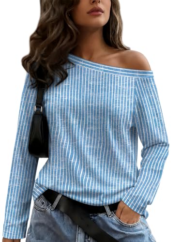 Womens Off The Shoulder Tops Long Sleeve Shirts Fall Winter 2026 Stripe b M