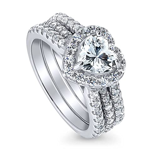 BERRICLE Sterling Silver CZ Heart Halo Wedding Engagement Promise Rings for Her, Cubic Zirconia Insert Ring Set for Women