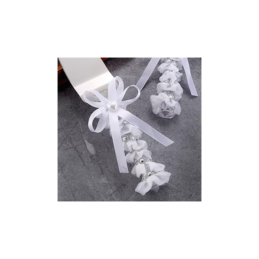 TANG SONG Elegant Stainless Steel Wedding Cake Knife and Serving Set Resin Plastic Handle with Heart Beads and Bowknot Riband Lace Design