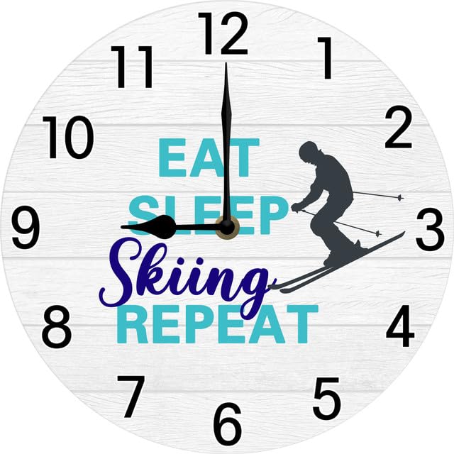 Geroclonup Regalos de esquí para hombres, divertido reloj de esquí, decoración de pared perfecta para cabaña, cueva, relojes pequeños de madera de 10 pulgadas, funciona con pilas, silencioso, sin