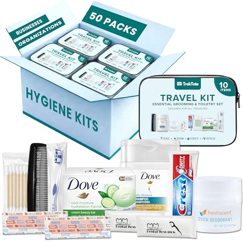 Stuhrling Bottle TrekTote Bulk 10 Piece Hygiene Kit Travel Size Toiletries Kit, Care Package, Mini Deodorant Shampoo Toothbrush Toothpaste, Clear 50 Pack