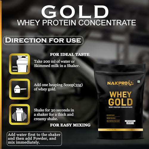 Image of NAKPRO Gold 100% Clean Raw Whey Protein Concentrate, 500g Unflavoured | 28g Protein | Trustified Certified & No Adulteration | Fast Absorbing Whey Protein Powder