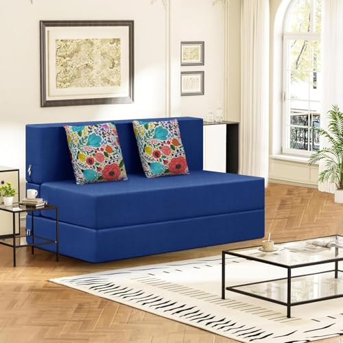 Image of Rosebell Foldable 2 Seater Sofa Cum Bed, Sofa Bed 4X6 Feet, Jute Fabric- Washable Cover- Including Two Cushion Perfect for Home & Office-Blue Color