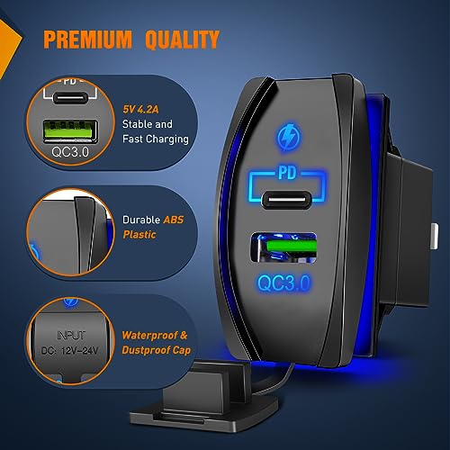 Image of Nilight Rocker Switch Style USB Outlet Socket Fits Panel | 4.2A PD Type C and QC 3.0 12V 24V Fast Socket Dual Outlets Port for Cars Boats Trucks RVs