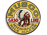 MAGNET 4x4 inch Round Vintage Musgo Gas Sticker (Gasoline Logo Old Rat Rod) Magnetic vinyl bumper sticker sticks to any metal fridge, car, signs