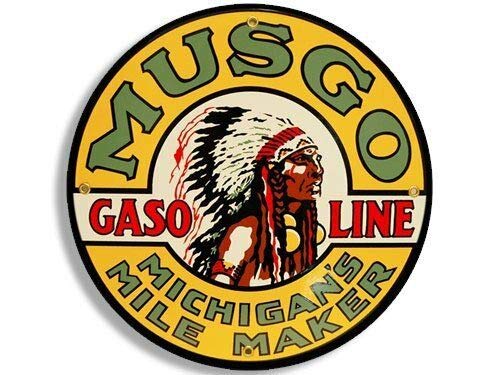MAGNET 4x4 inch Round Vintage Musgo Gas Sticker (Gasoline Logo Old Rat Rod) Magnetic vinyl bumper sticker sticks to any metal fridge, car, signs