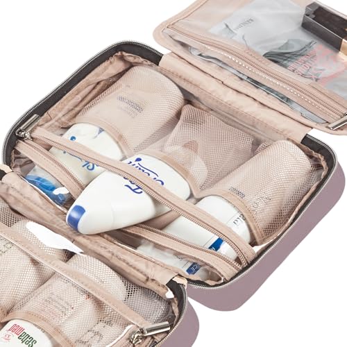 Image of NISHEL Travel Toiletry Bag for women, Portable Hanging Organizer for Travel-Sized Shampoo, Conditioner, Brushes Set, Makeup Accessories, Medium Size, Peach Pink