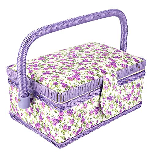Panier à couture Beufee, vintage, rectangulaire, violet, avec plateau amovible et motifs floraux