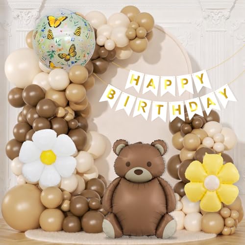 Image of Teddy Theme Birthday Decoration Kit with Teddy Foil Balloon, Butterfly and Flower Foil Balloons, Happy Birthday Banner and Latex Balloons for Party Decoration Set of 51 Pcs