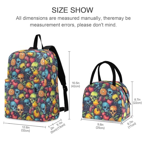 Backpack Lunch Bag Set Fruits Skulls Print, Big Storage Travel Backpacks with Insulated Lunch Box for Office Hiking Picnic2
