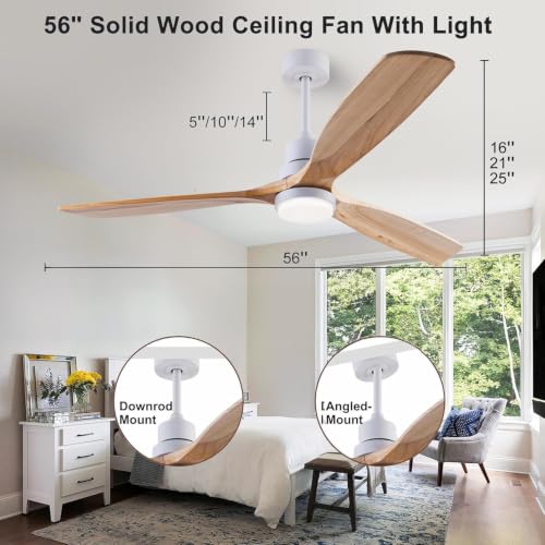 Image of QUTWOB 56 inch 3-Blade Wood Ceiling Fan with Light & Remote, Indoor Outdoor | solid natural wood blades, quiet dc inverter motor, 6-speed reversible remote, 3-color led, for indoor outdoor living room