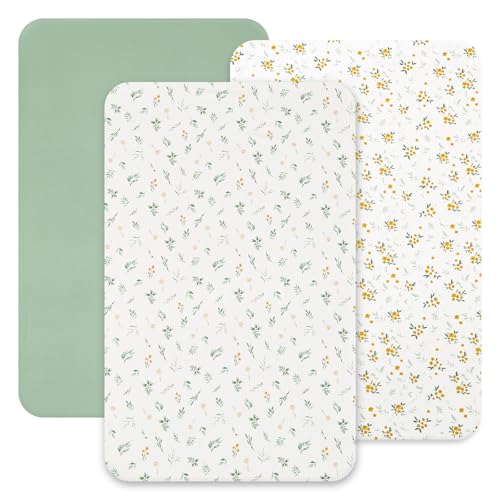 Image of david's kids 3 Pack Mini Crib Sheets, Soft Breathable Premium Pack N Play Sheets for Baby Boys Girls Neutral, Playard and Mini Crib Mattresses, Leaf & Floral