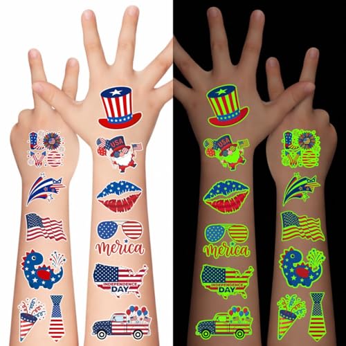 105PCS 4th of July Temporary Tattoos - USA Fourth Of July Stickers Party Favors Decorations Supplies Accessories For Kids Adult Patriotic American Flag Red White Blue Independence Memorial Labor Day