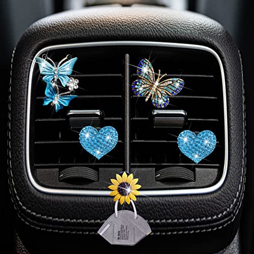 Image of Blue Butterfly & Heart Air Vent Clips, 4 Pcs Bling Butterfly Car Air Fresheners Vents Clips Car Diffuser Diamond Car Interior Decor Cute Car Accessories Car Decoration for Women +Sunflower Mask Hook