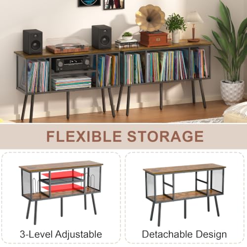Image of Large Record Player Stand, Retro Vinyl Record Storage Holds 250+ Albums | 40.6 inchW x 13.4 inchD Tabletop Vinyl Stand with Adjustable Shelves & M-shaped Record Dividers for Customizable Vinyl Storage