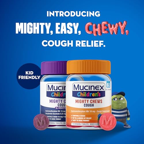 Mucinex Children's Mighty Chews Kids Cough Medicine Daytime And Nighttime Value Pack, Easy to Dose Cough Suppressant For Kids with Dextromethorphan, Mixed Berry Flavor, 32 Medicated Chewable Tablets - image 2