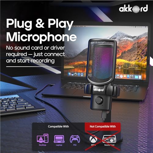 Image of Akkord USB Condenser Microphone, Cardioid Polar Pattern, 192kHz /24Bit, Real-Time Monitoring, 40dB Sensitivity, 50Hz-16kHz Frequency Response, Plug Podcasting, Gaming, Streaming, Voice Recording