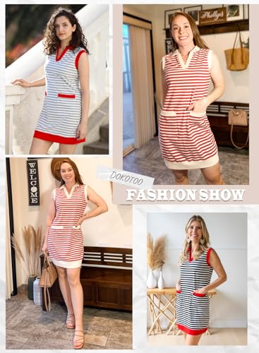 Image of Dokotoo Womens Summer Dresses 2025 V-Neck Sleeveless Striped Casual Mini Dress Sundress with Pockets