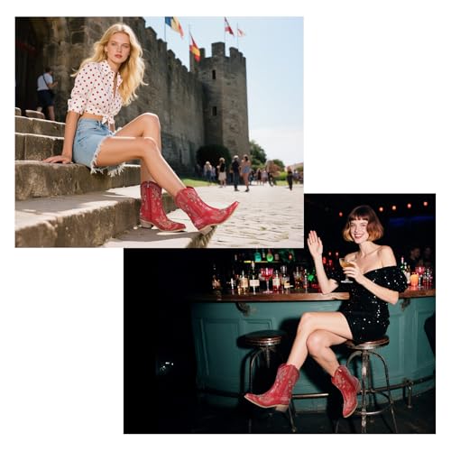 Image of Western Cowboy Boots for Women Rhinestone Cowgirl Boot with Low Block Heel Embroidery Sparkly Short Ankle Booties Walking Bootie for Country Concert Disco Outfits