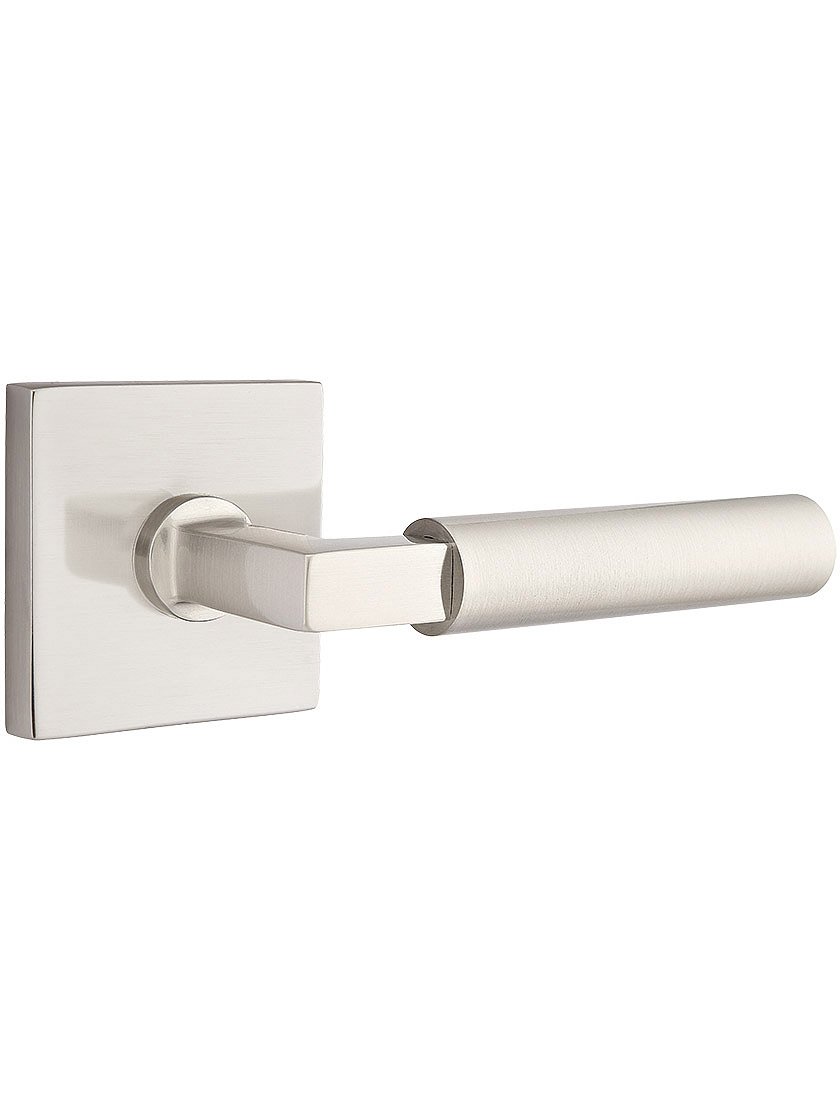 Square Rosette Door Set with Hercules Levers Left Hand Passage in Satin Nickel