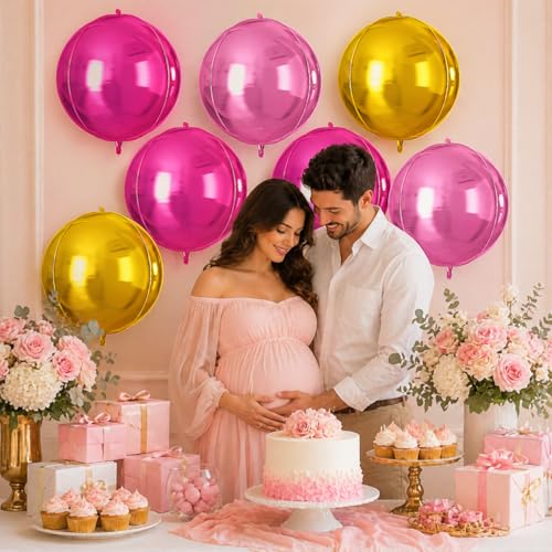 Image of 9 Pcs Pink Gold Round Foil Balloons,22 Inch Round Balloons | Pink Gold Giant 4D Round Ball Balloons For Birthday Bridal Shower Wedding Engagement Anniversary Party Decorations