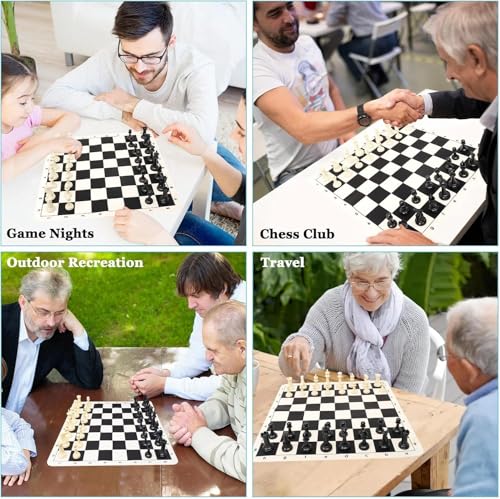 Image of SUPER TOY 10 inch Portable Chess & Checkers Set, 2 in 1 Travel Board Games for Kids and Adults, Folding Roll up Vinyl Chess Game Sets, 24 Checker Pieces, Tournament Thick Mousepad Mat (Black & White)