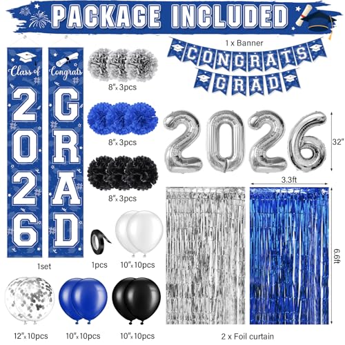 Image of Graduation Party Decorations Class of 2026, Graduation Decorations with Congrats Grad Banner Fringe Foil Curtain Paper Flower Ball Balloons for High School College Grad Party Supplies, Blue