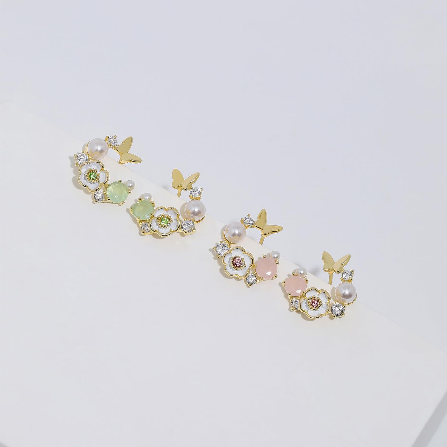 Meissa Orecchini di fiori di perle fatti a mano per le ragazze Dainty Butterfly Studs con Cubic Zirconia rosa Regali di gioielli floreali ipoallergenici, Oro, pietra rosa