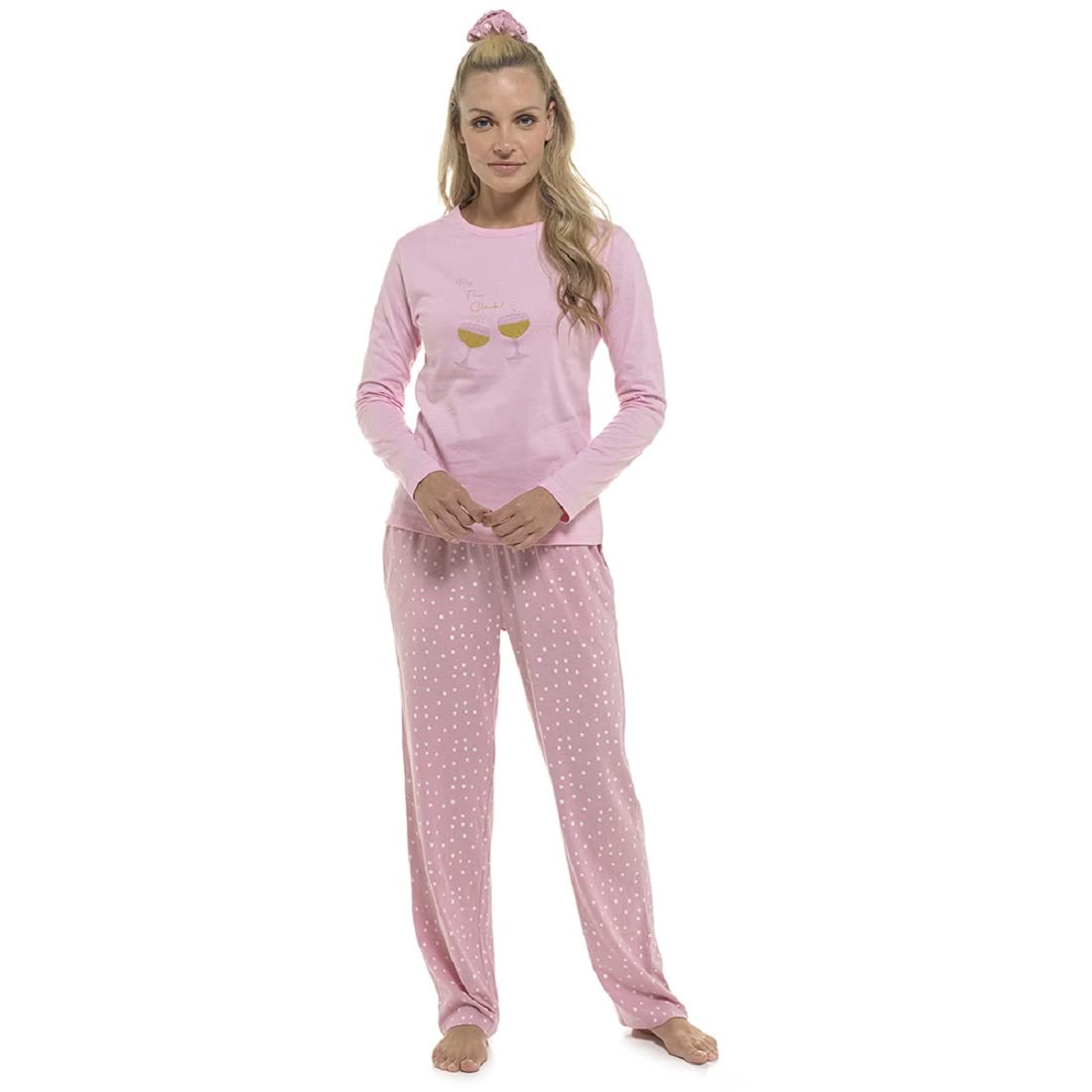 Fashion Junction Womens/Ladies Pop Fizz Clink Prosecco Pyjama Set with Matching Hair Scrunchie (L=UK 16-18/EU 44-46) Pink