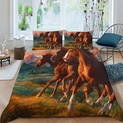 Housse de couette cheval 3D en microfibre 260x220 cm avec taies
