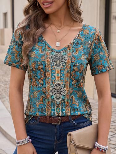 Image of Danedvi Women Deep V-Neck Short Sleeve Tops Solid Casual Loose T Shirt