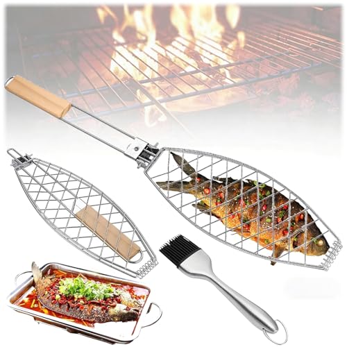 Tkxjry Grille barbecue pour Poisson, 63 * 12cm Grille de barbecue pour poisson, Grille Poisson pour Barbecue, avec Brosse à Huile, pour Barbecue à Poisson,...