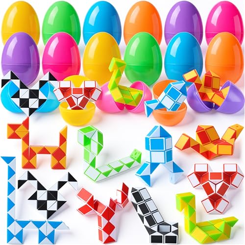 JOYIN 12 Pcs Oeufs de Pâques Pré Remplis avec Mini Serpent Cube Twist Puzzle Jouets Serpent Vitesse Cube Fidget pour Enfants