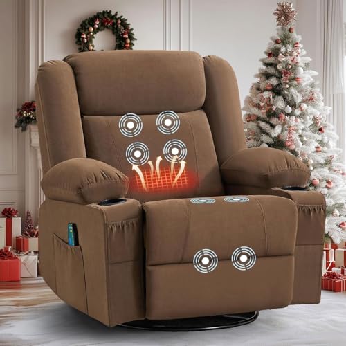 Image of Swivel Recliner Chair for Adults,Rocker Recliners with Vibration Massage and Lumbar Heat,Ergonomic Rocking Chair with Side Pocket,2 Cup Holders for Living Room
