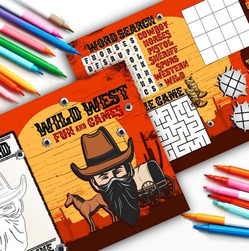 MunchieMoosKids Wild West Fun and Games Activity Sheets - Pack of 18 - Cowboy Western Party Bag Fillers - Ages 3+