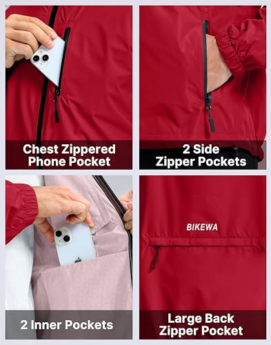 Image of Bikewa Men's Cycling Rain Jackets Waterproof Running Bike Windbreaker Lightweight Packable Hooded Jacket