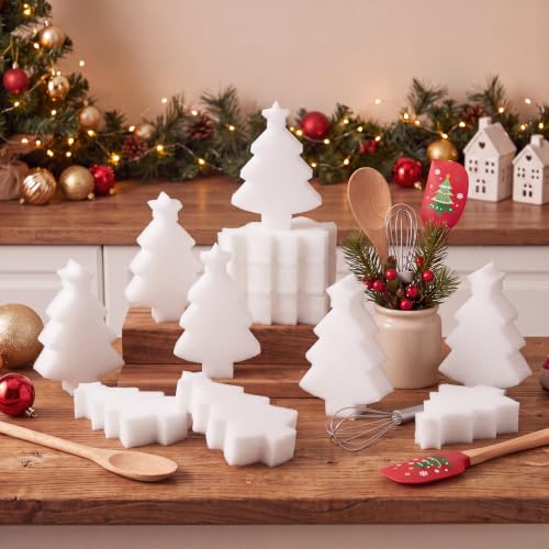 Image of Tioncy 12 Pack Christmas Tree Kitchen Sponges Bulk White Christmas Tree Dual Sided Scrubber Sponges Dishwashing Kitchen Cleaning Accessories for Home Decor Household Supplies