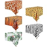 Animal Safari Tablecloth Jungle Animal Theme Tablecover Tiger Zebra Giraffe Print Table Cover Tropical Leaf Tablecloth Party Supplies for Jungle Safari Birthday Baby Showers (Greenery Style, 5 Pcs)