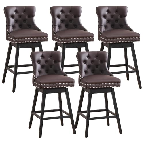 Image of Swivel Bar Stool with Back, Faux Leather Counter Height Bar Stools, Upholstered Tufted Counter Height Chairs, Solid Wood Legs, (Brown, 30 inch H Seat, Set of 5)