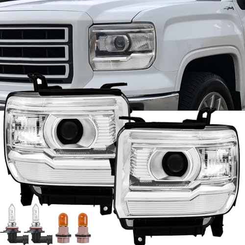 For 2014 2015 2016 2017 2018 GMC Sierra 1500 Headlight Headlamp Assembly Compatible with 2015-2019 GMC Sierra 2500HD 3500HD Head Lights Replacement L+R Chrome Housing Clear w/Bulbs