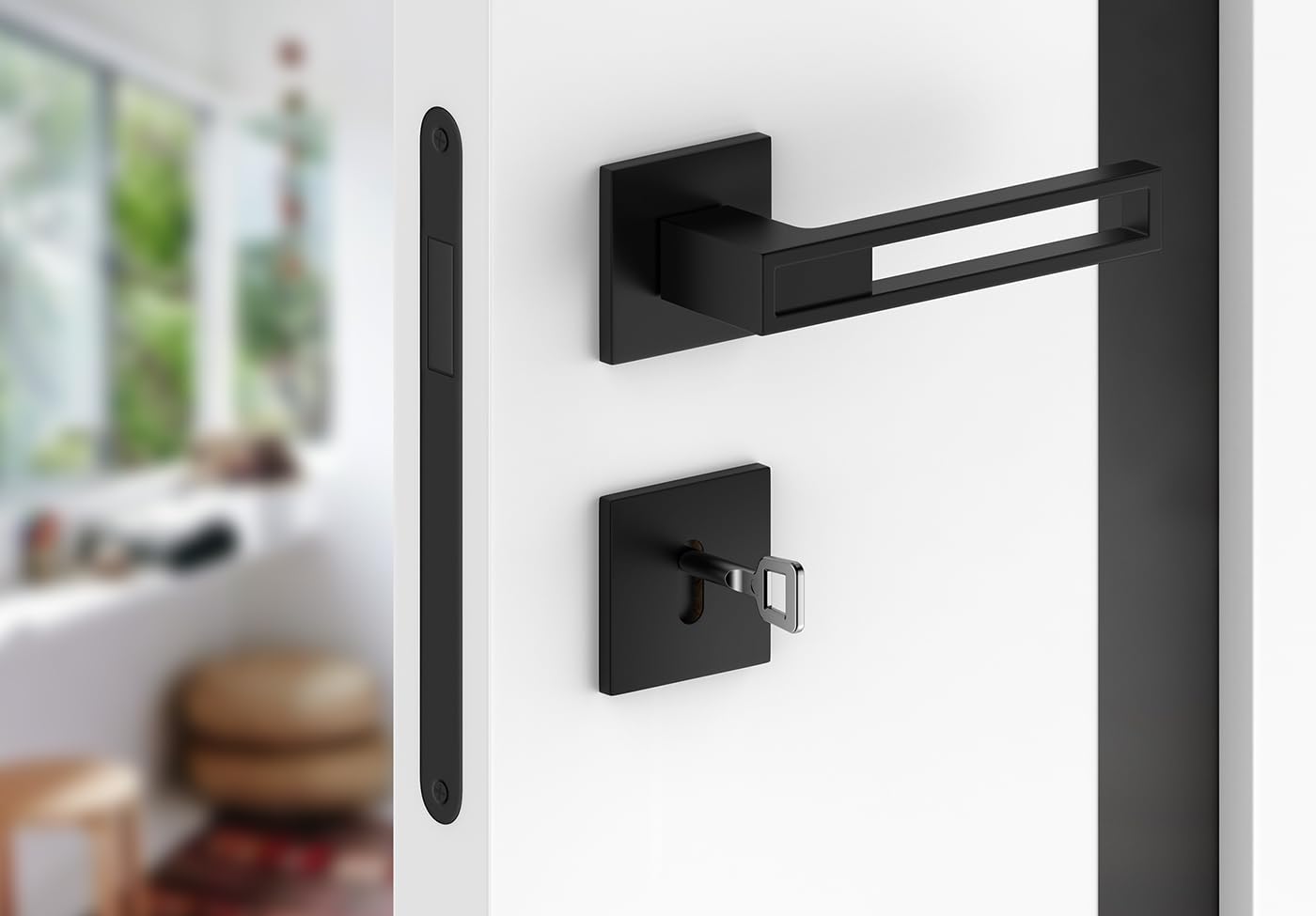 ERGO line Design moderne, poignée de porte noire TOMMY, pour portes d'intérieur à clé, la silhouette ultra-fine, poignée carrée noire mate, garnitures de porte, poignée